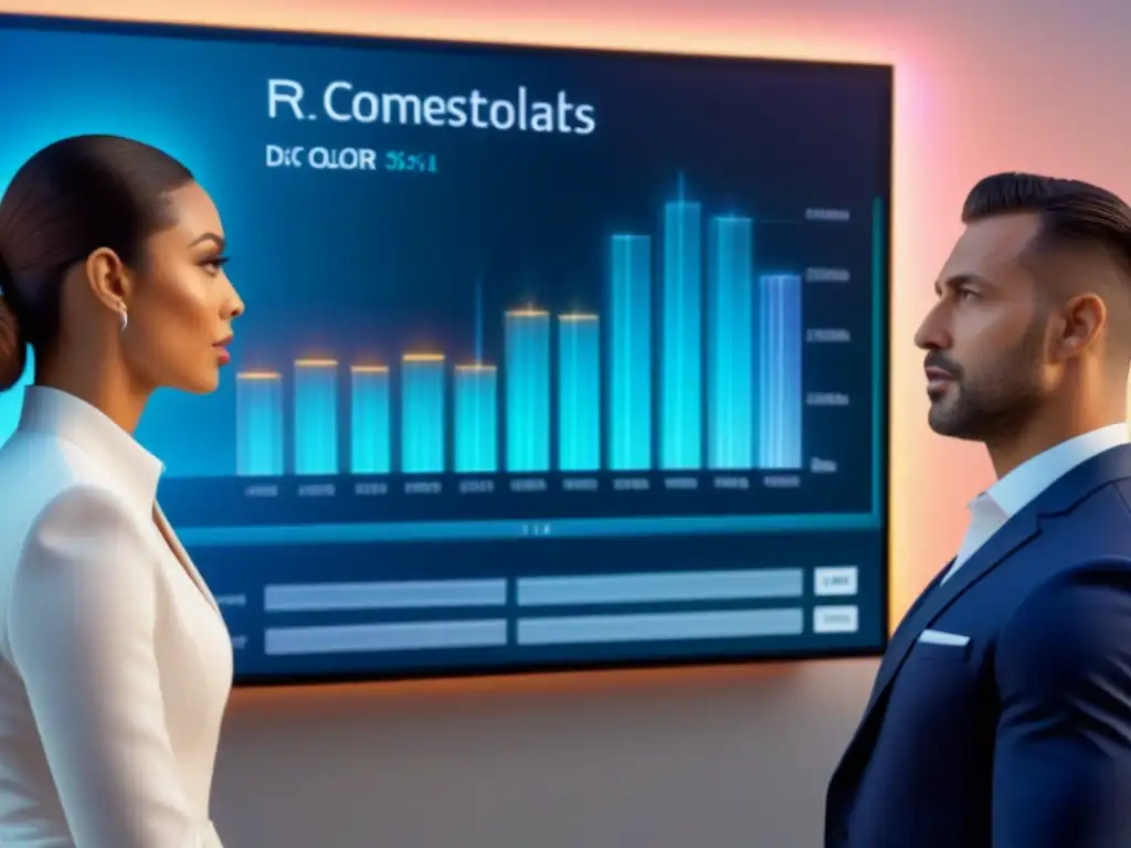 Inversión Inmobiliaria Futurista: Profesionales Diversos Analizan Datos en Holograma 8k Profesionales diversificados discuten estrategias de inversión en crowdfunding inmobiliario en ambiente futurista