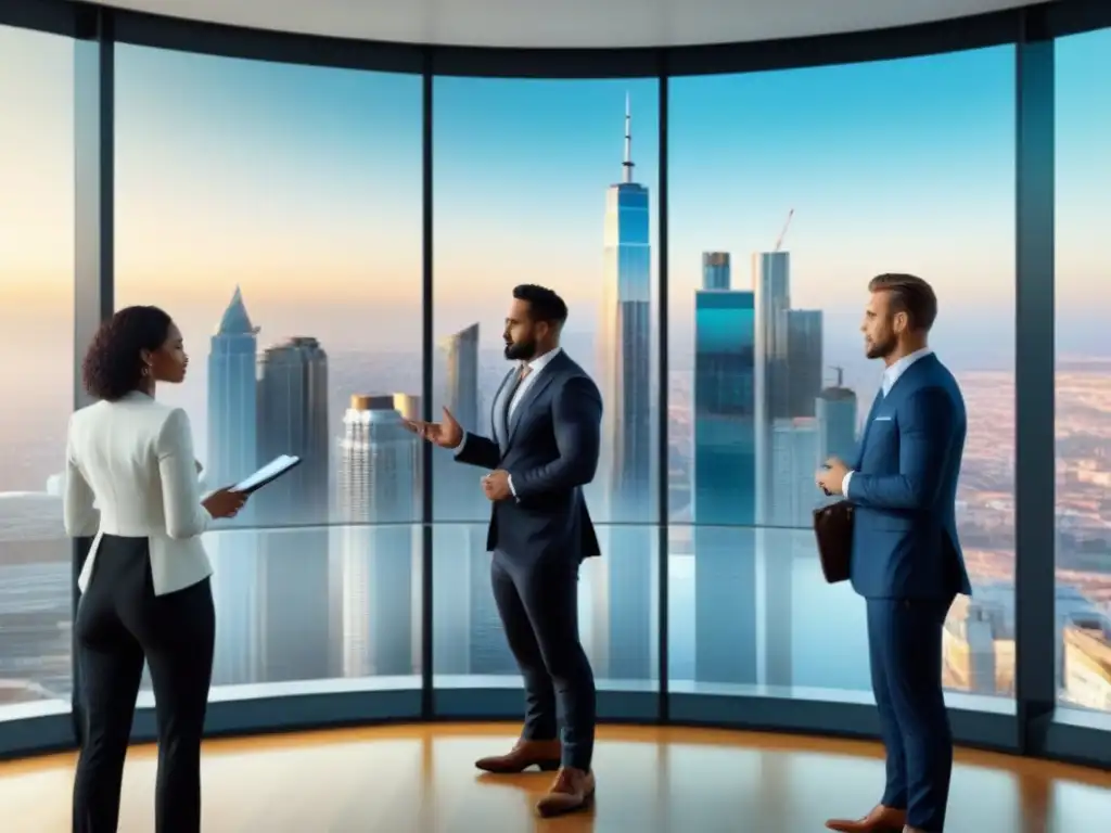 Profesionales discuten estrategias de inversión inmobiliaria en oficina moderna con vista a la ciudad Profesionales diversificados discuten estrategias de inversión inmobiliaria en una oficina luminosa con vista a la ciudad