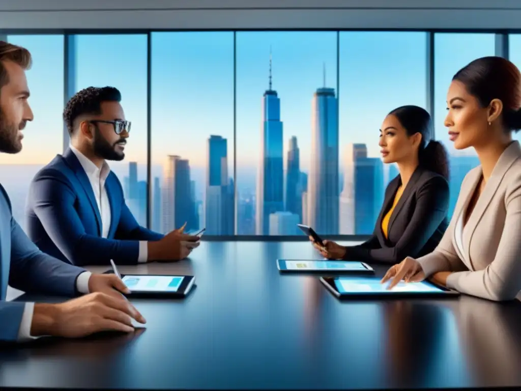 Profesionales debaten estrategias inmobiliarias en sala futurista Profesionales diversificados discuten estrategias de inversión inmobiliaria en un futurista y elegante salón