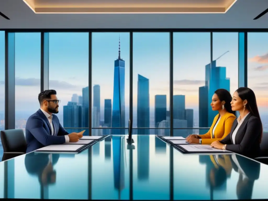 Profesionales debaten estrategias de inversión inmobiliaria en sala de juntas moderna Profesionales diversificados analizan estrategias de inversión en bienes raíces con beneficios fiscales
