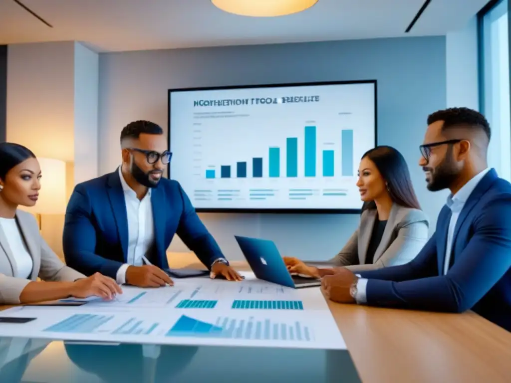 Reunión estratégica de profesionales en moderna oficina Profesionales diversificados debaten estrategias de inversión inmobiliaria en oficina moderna