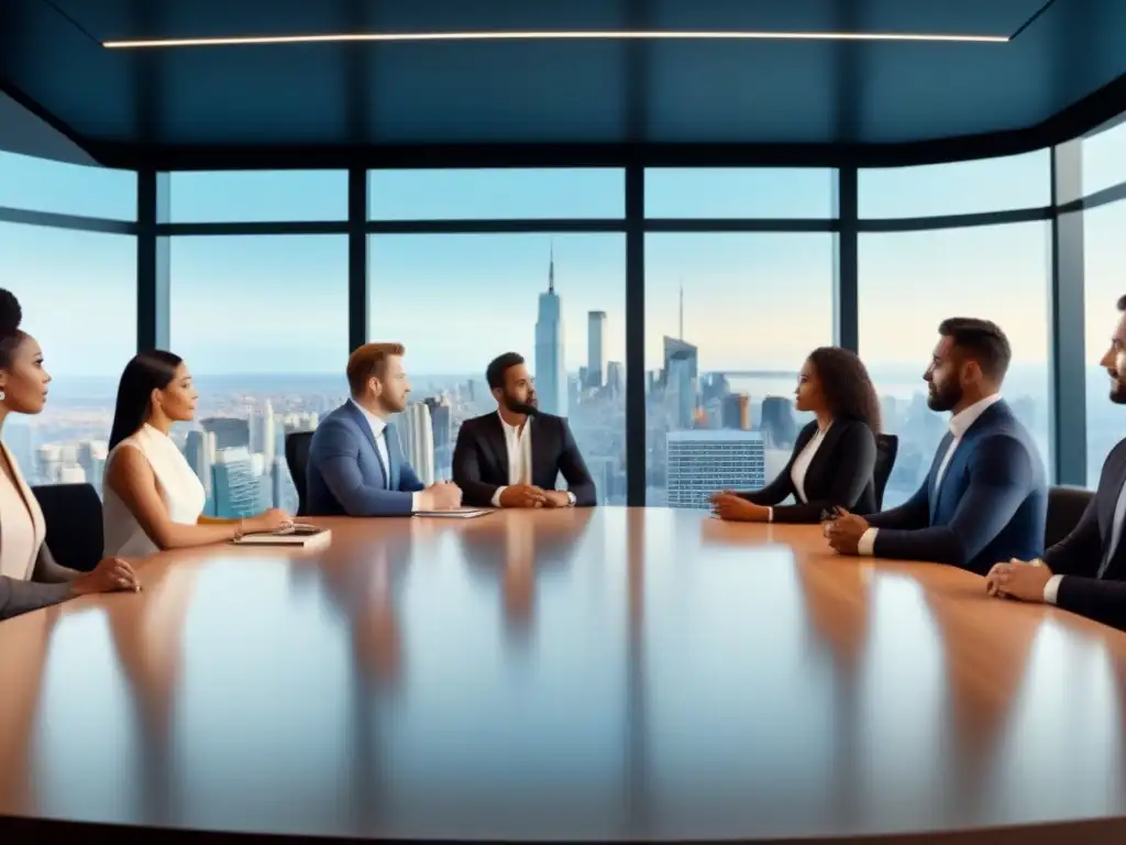 Profesionales diversificados discuten estrategias de inversión inmobiliaria en boardroom de lujo con vista panorámica urbana Profesionales diversificados debaten estrategias de inversión inmobiliaria en un moderno salón con vista a la ciudad