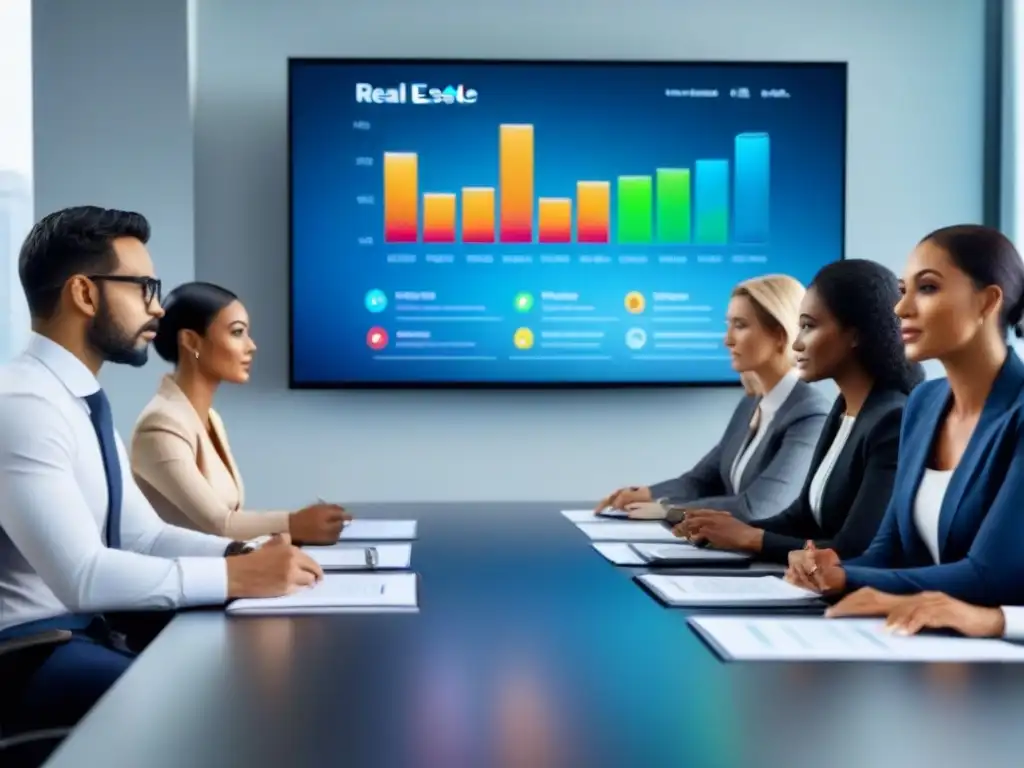 Profesionales diversificados debaten estrategias de inversión inmobiliaria Profesionales diversificados discuten estrategias de inversión inmobiliaria con gráficos en pantalla