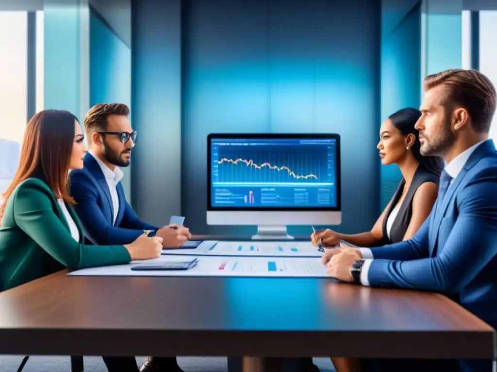 Profesionales diversificados planificando inversiones inmobiliarias Profesionales diversificados debaten estrategias de inversión inmobiliaria en una sala de juntas futurista