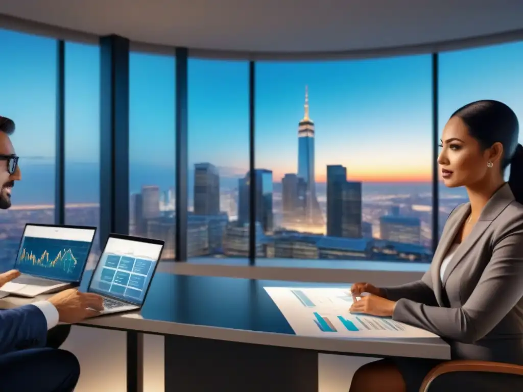 Profesionales diversificados discuten estrategias de inversión en bienes raíces a largo plazo en moderna oficina