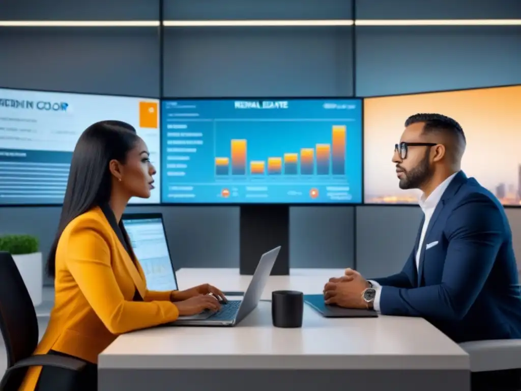 Inversión inmobiliaria: profesionales debaten estrategias Profesionales diversificados discuten estrategias de inversión en bienes raíces en una oficina moderna, con gráficos y pantallas digitales que simbolizan los beneficios del alquiler como inversión lucrativa