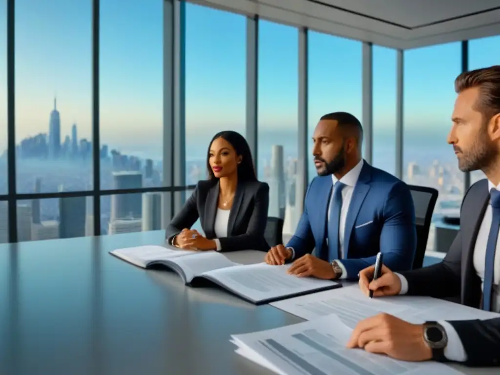 Profesionales diversificados debaten estrategias fiscales para inversiones inmobiliarias en oficina moderna Profesionales diversificados discuten estrategias legales para minimizar impuestos en inversiones inmobiliarias en oficina moderna