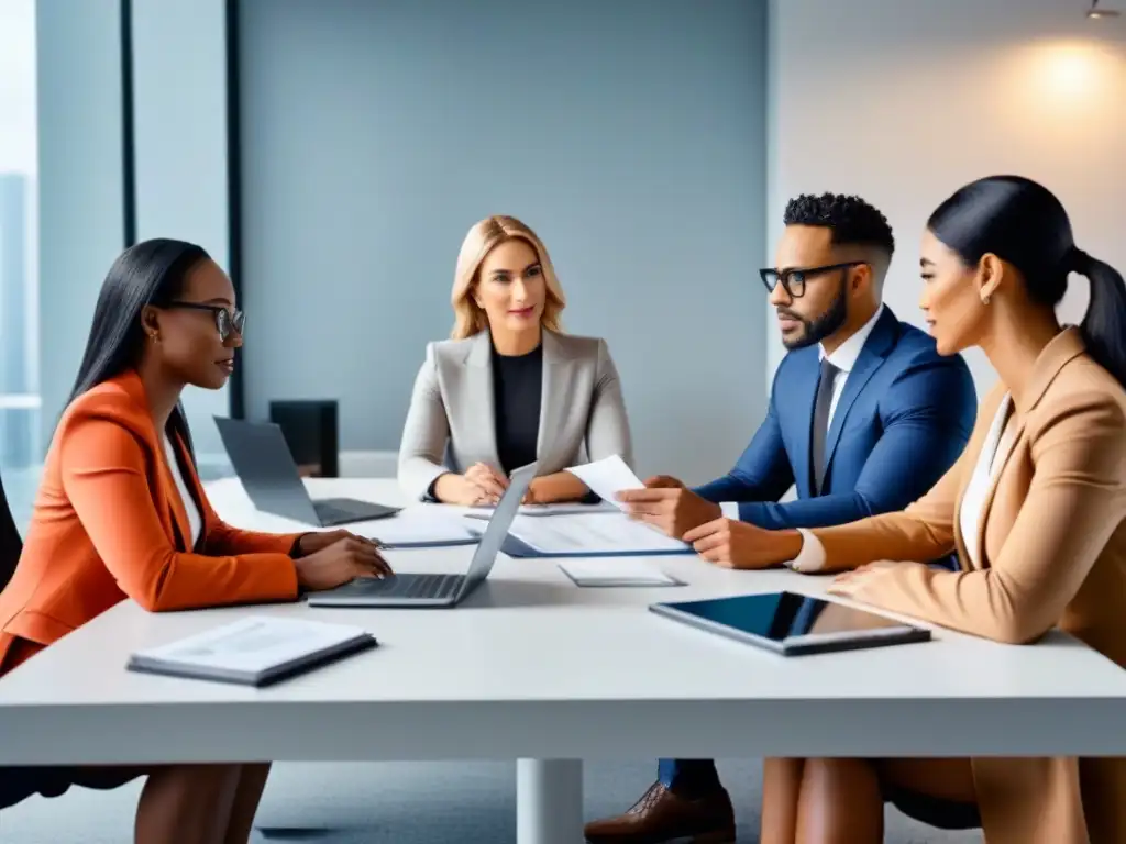 Equipo diverso de profesionales en reunión estratégica en oficina Profesionales diversificados discuten estrategias en oficina iluminada