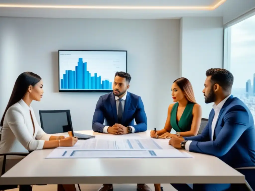Reunión estratégica de profesionales en oficina moderna Profesionales diversificados discuten estrategias de regulaciones inmobiliarias para inversores en una oficina moderna