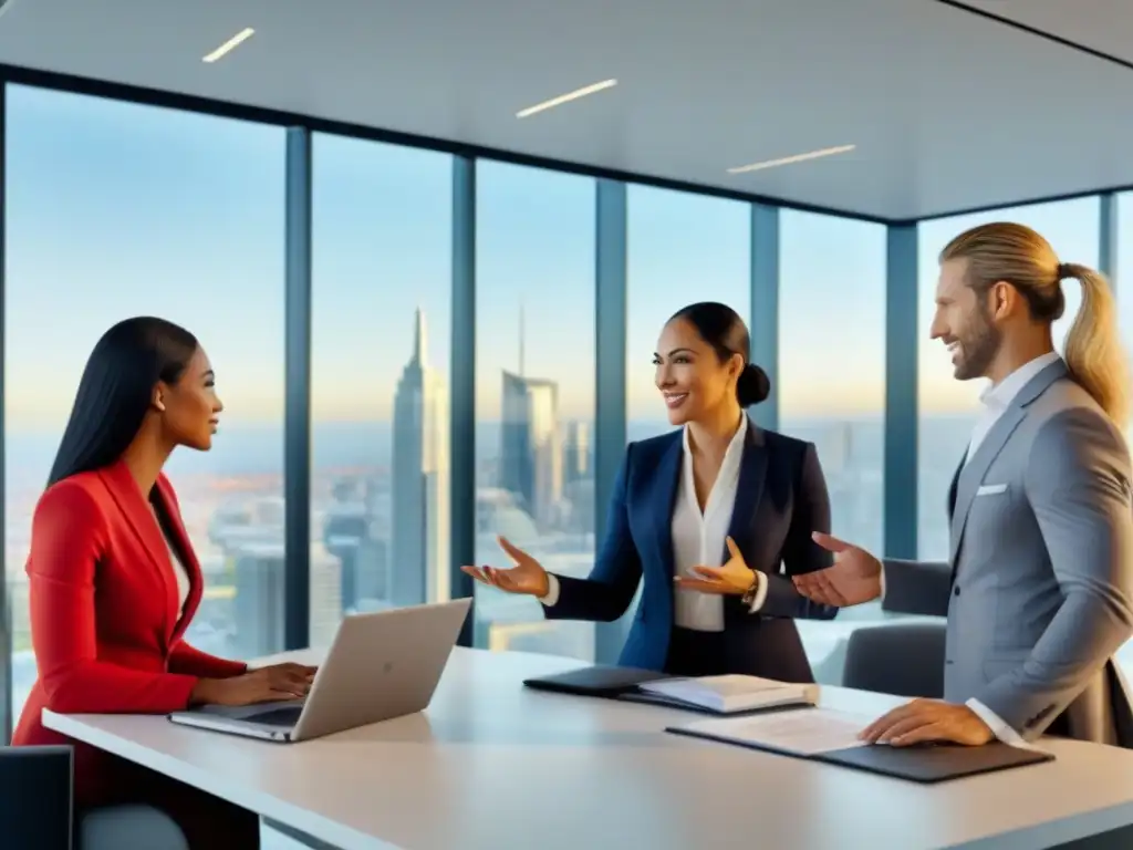 Profesionales diversificados discuten estrategias para maximizar rendimientos inversión inmobiliaria en oficina moderna