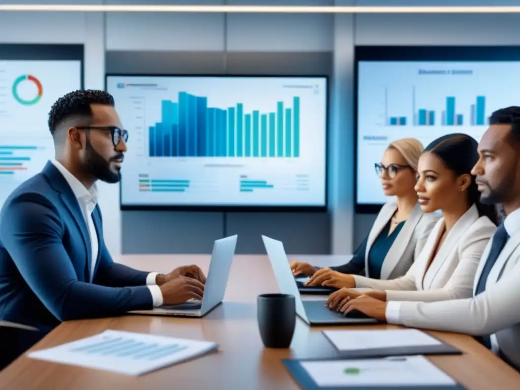 Reunión estratégica de profesionales en oficina moderna Profesionales diversificados discuten estrategias de promoción de seguros de propiedad en redes en una oficina moderna