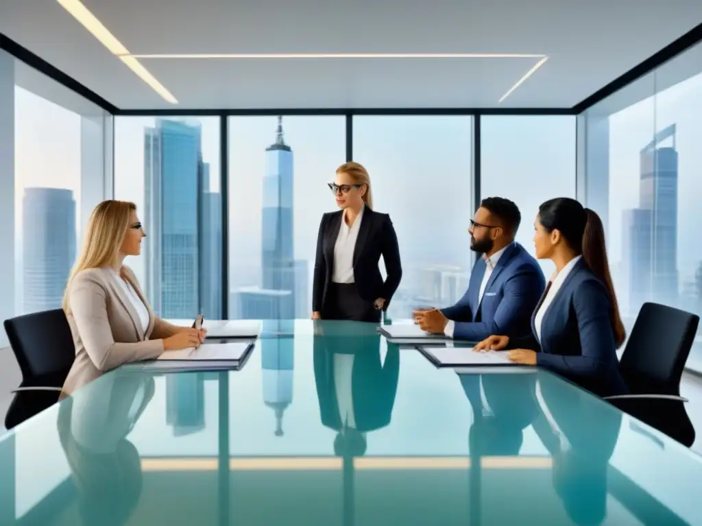 Profesionales internacionales debatiendo en oficina moderna de real estate Profesionales diversificados debaten sobre financiamiento inmobiliario en un ambiente moderno y elegante