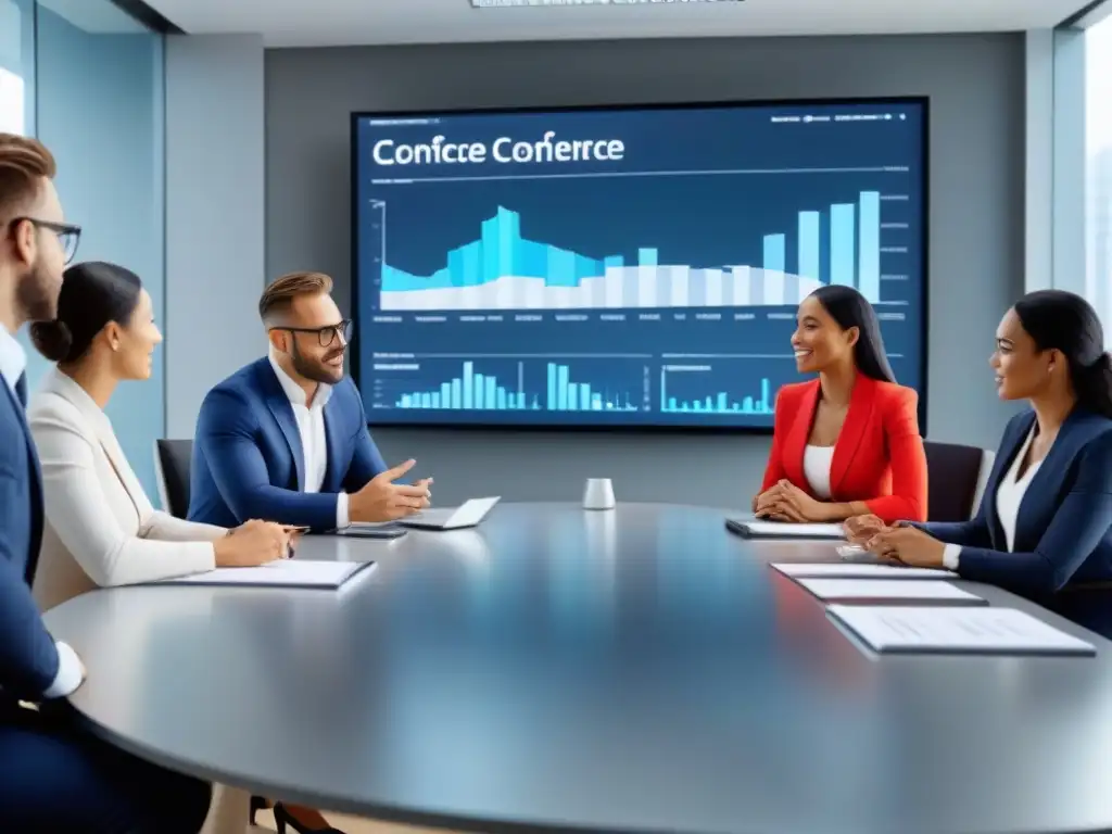 Profesionales expertos debatiendo financiamiento inmobiliario Profesionales diversificados discuten sobre financiamiento inmobiliario seguro en moderna oficina luminosa