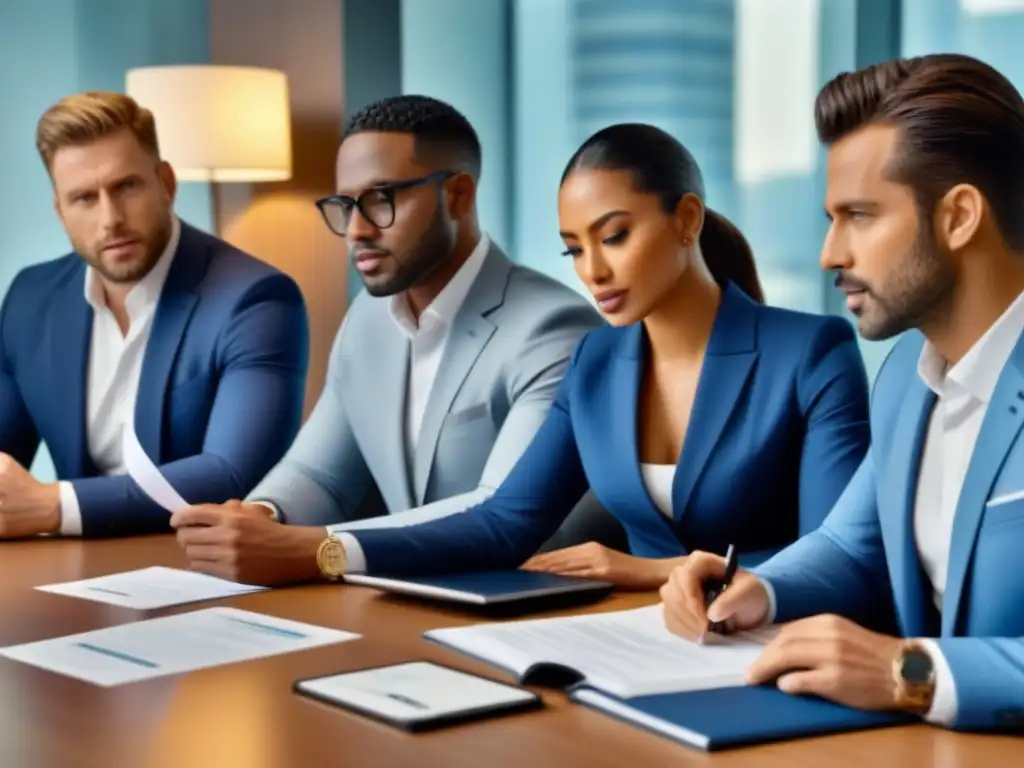 Profesionales multiculturales en reunión de finanzas inmobiliarias Profesionales diversificados discuten financiamiento inmobiliario en oficina elegante y moderna