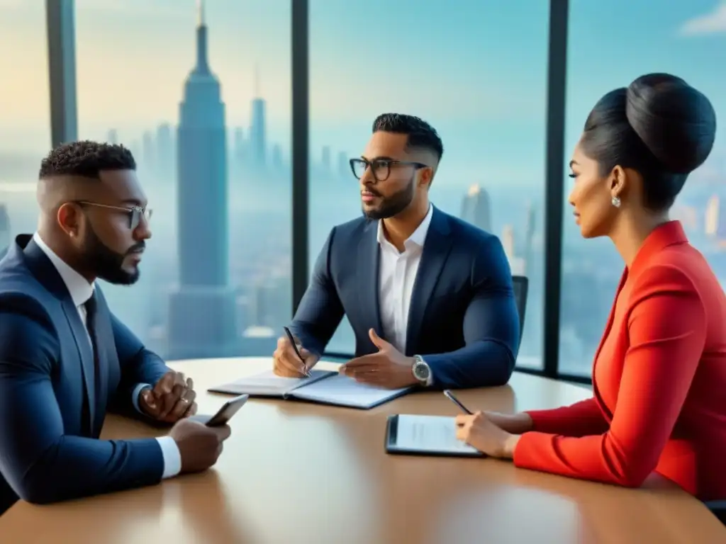 Negociación financiera estratégica en sala de juntas moderna Profesionales diversificados negociando financiamiento inmobiliario en una sala de juntas moderna y elegante