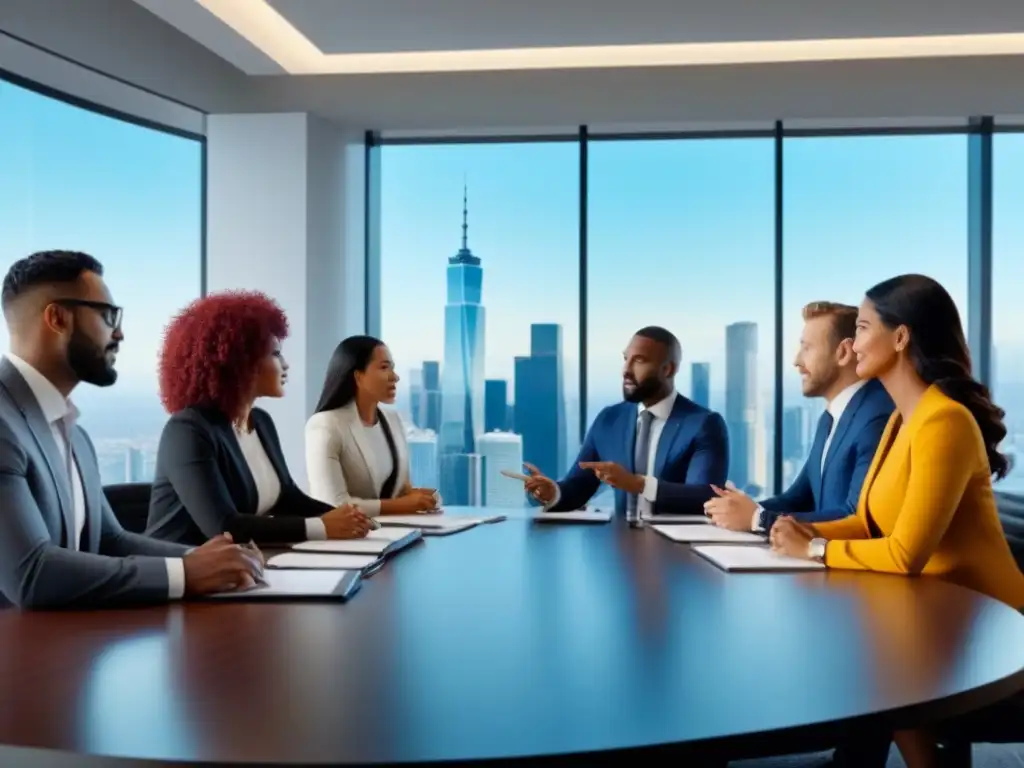 Profesionales debaten financiamiento inmobiliario en oficina moderna Profesionales diversificados discuten financiamiento préstamos inmobiliarios en oficina moderna con vista a la ciudad