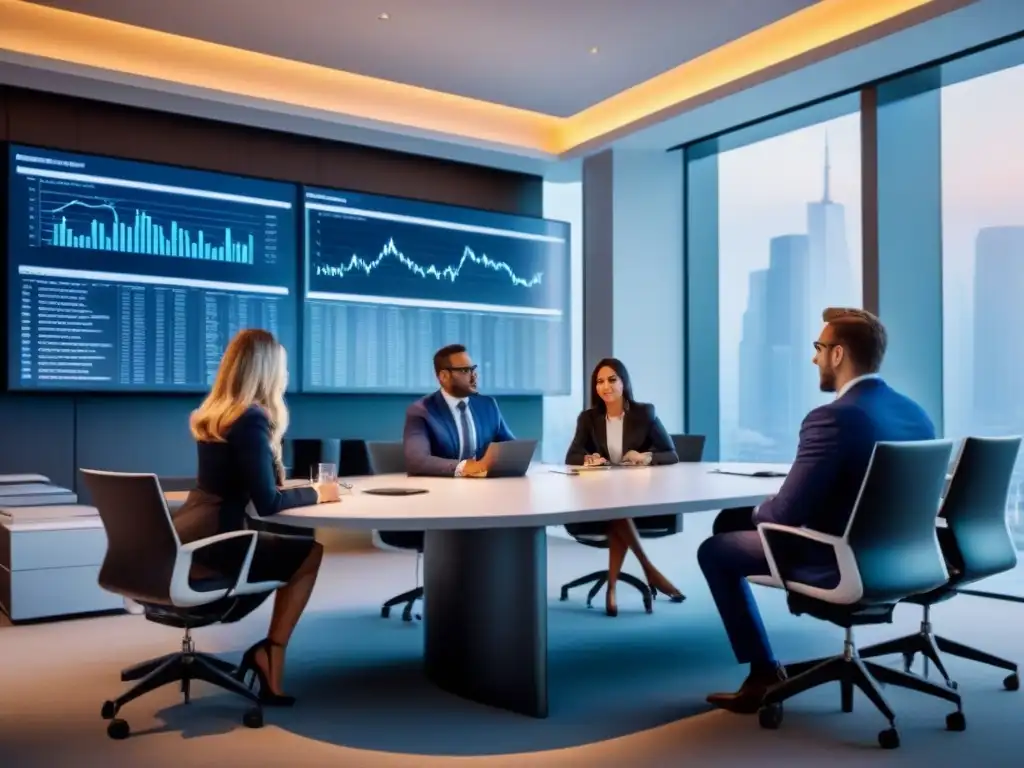 Sala de reuniones innovadora con profesionales en finanzas internacionales Profesionales diversificados discuten sobre fiscalidad inversiones extranjeras errores en oficina moderna y tecnológica