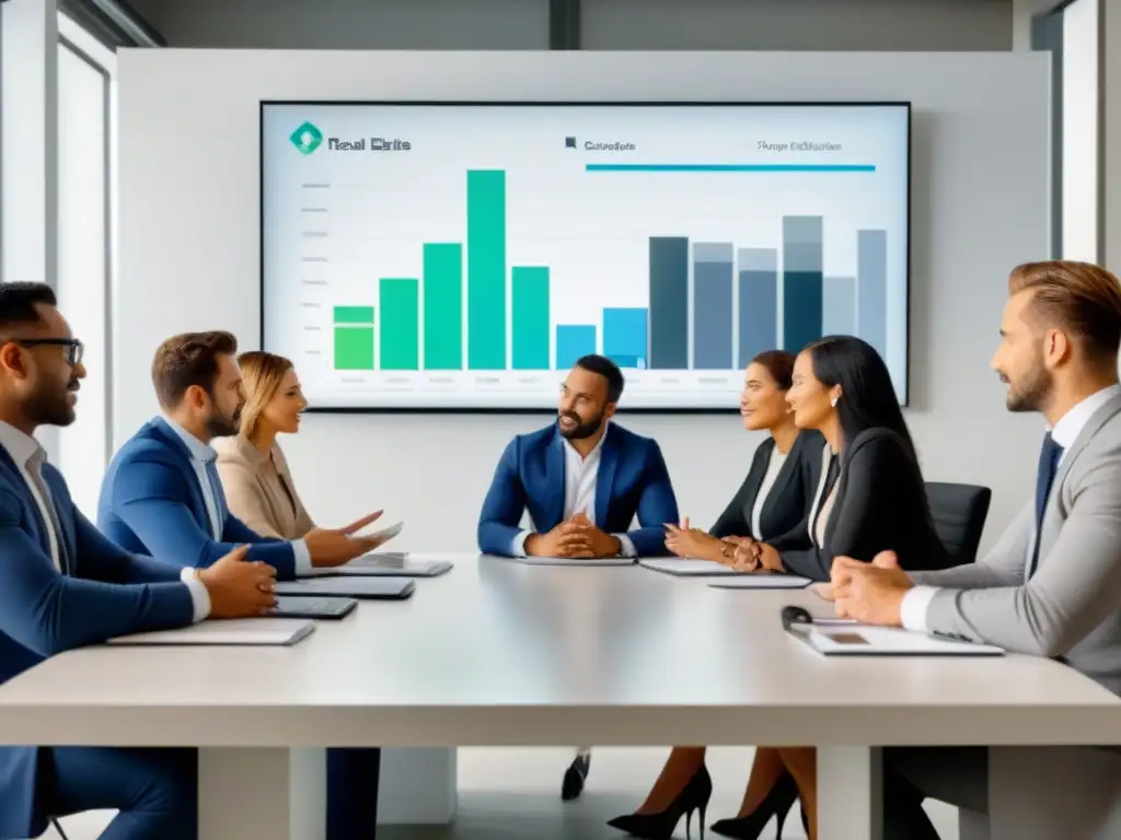 Profesionales diversificados discutiendo formación ética en financiamiento inmobiliario en moderna oficina luminosa