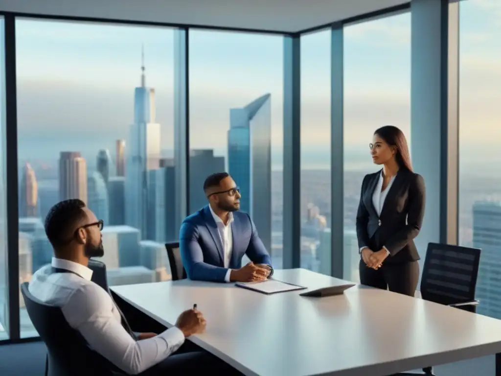 Profesionales diversificados analizan gráficos financieros en oficina moderna Profesionales diversificados discuten gráficos financieros en oficina moderna con vista a la ciudad