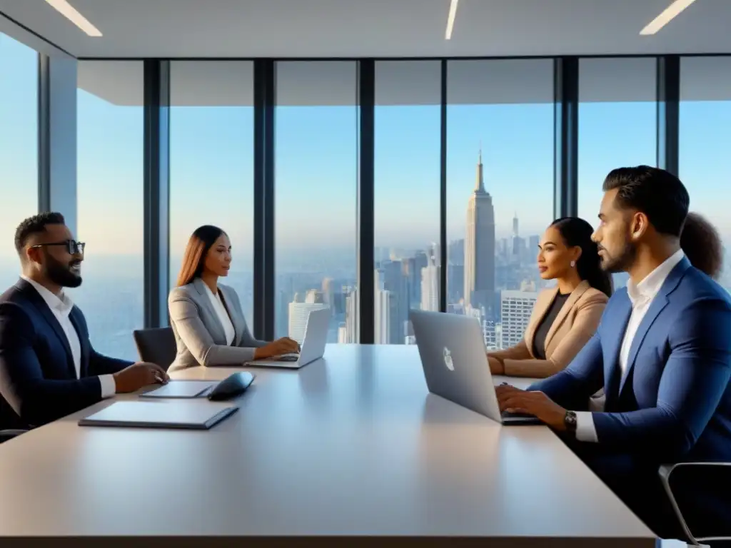 Equipo diverso personalizando hipoteca privada en oficina moderna Profesionales diversificados personalizan hipoteca privada en oficina moderna con vista a la ciudad