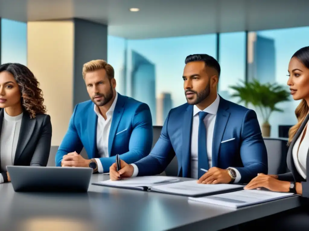 Profesionales multirraciales en discusión de sindicación inmobiliaria Profesionales diversificados debaten sindicación inmobiliaria aspectos legales en moderna oficina