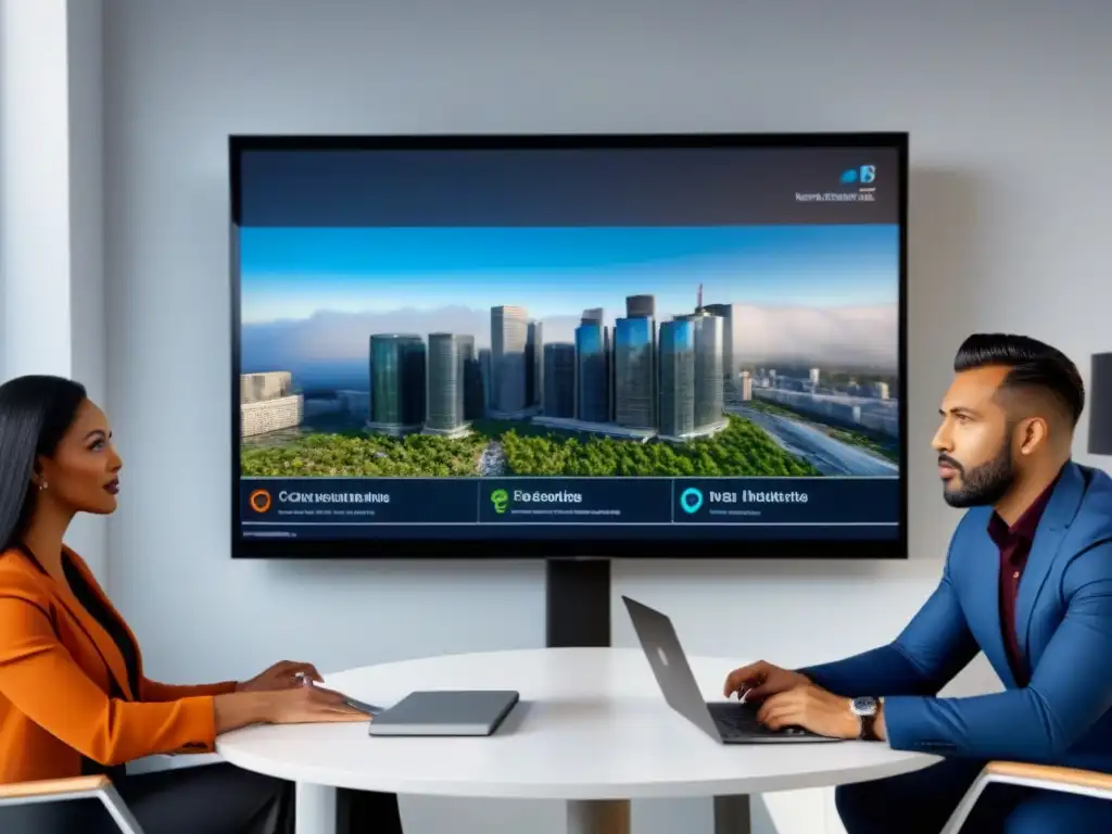 Profesionales diversificados discuten inversiones en crowdfunding inmobiliario en oficina moderna