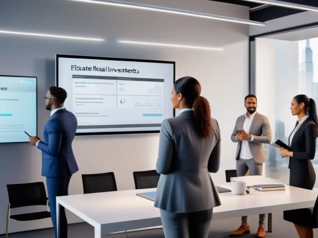 Equipo diverso innovando en inversión inmobiliaria Profesionales diversificados discuten inversiones en crowdfunding inmobiliario en una oficina moderna y colaborativa
