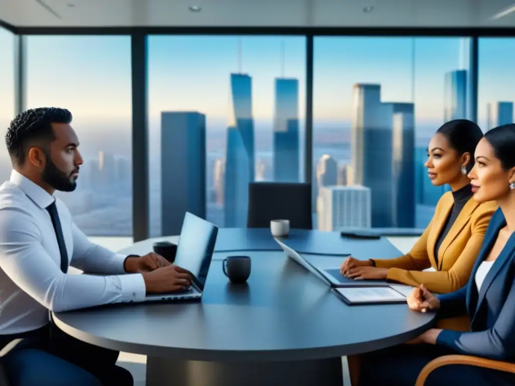 Profesionales diversificados analizan inversiones inmobiliarias Profesionales diversificados analizan inversiones en crowdfunding inmobiliario en una oficina moderna y elegante