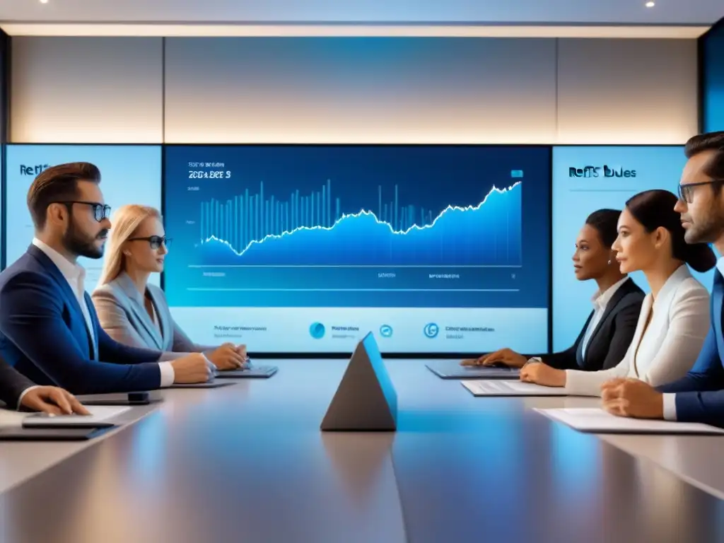 Profesionales diversificados analizan inversiones REIT en sala futurista Profesionales diversificados discuten inversiones REITs, evitando errores comunes