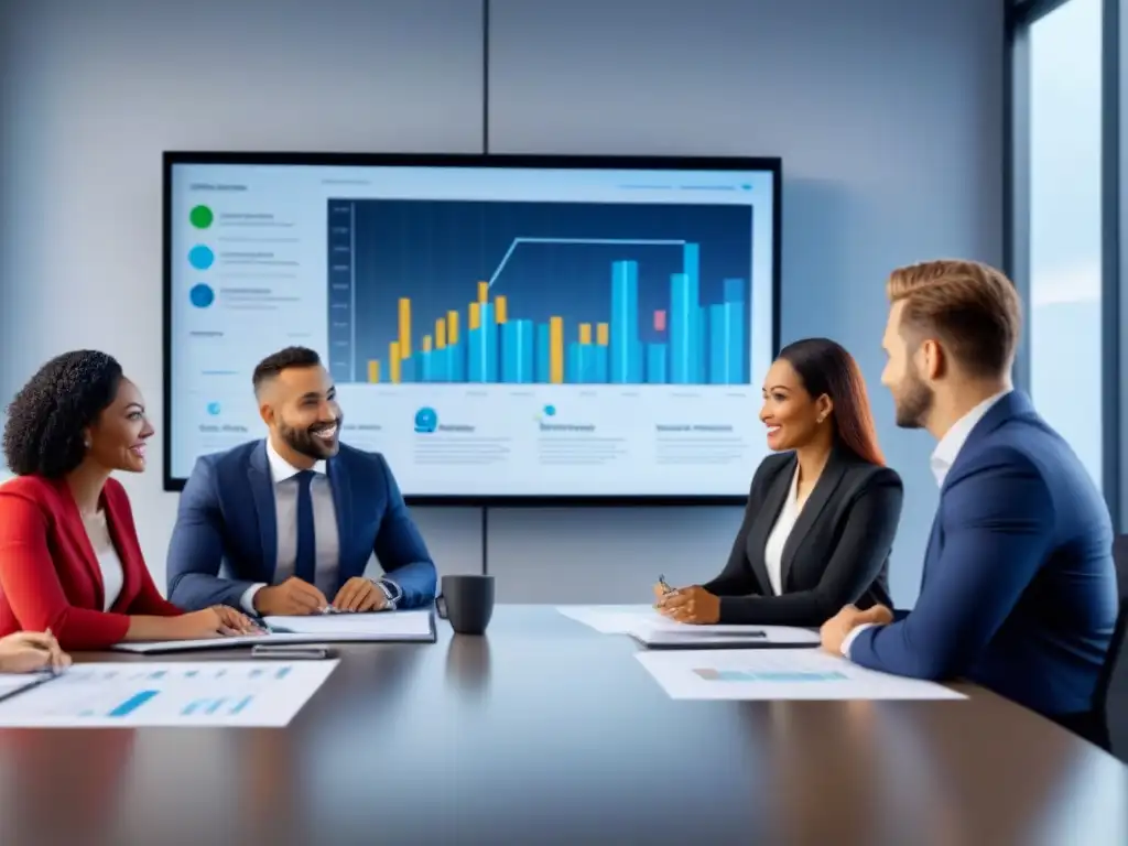 Profesionales diversificados discuten inversiones inmobiliarias con beneficios fiscales en una moderna oficina