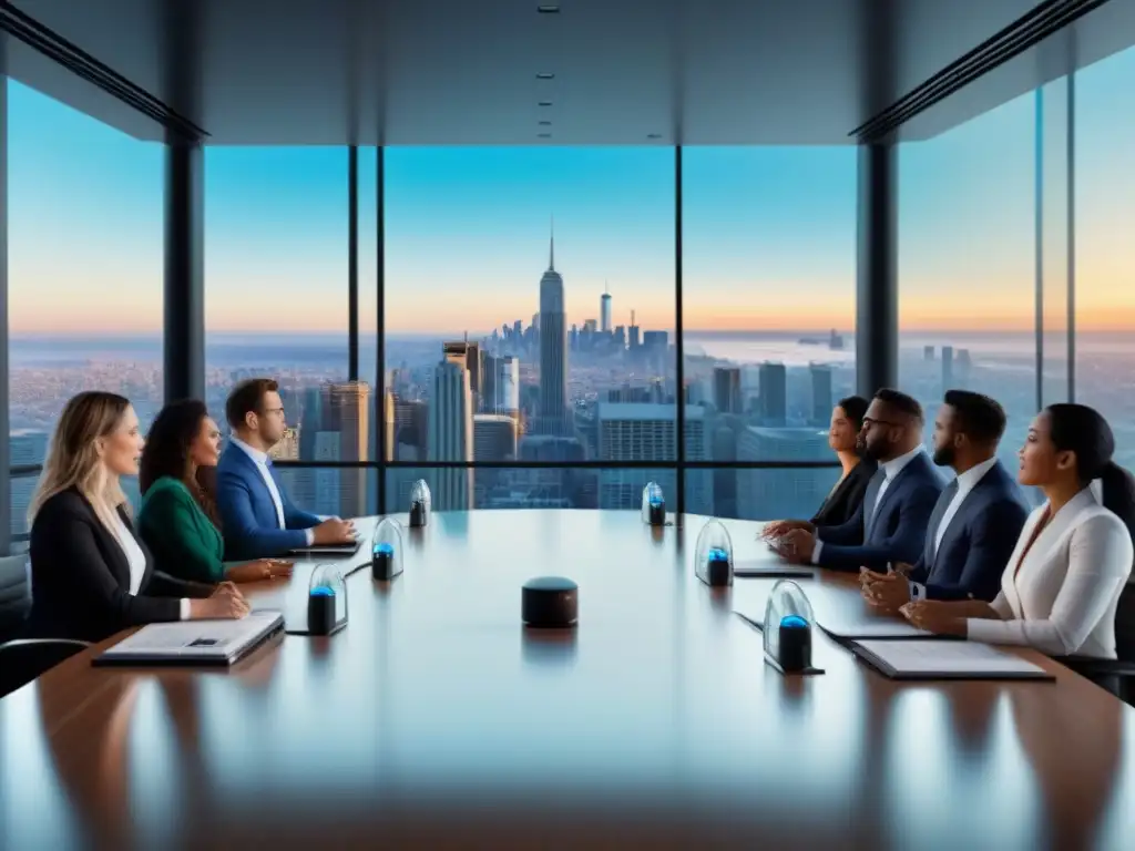 Profesionales diversificados discuten inversiones inmobiliarias para maximizar rendimientos en moderna sala de juntas