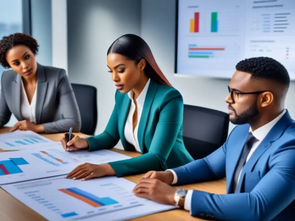 Profesionales resolviendo créditos rechazados en oficina moderna Profesionales diversificados resolviendo juntos el crédito inmobiliario rechazado en una oficina moderna