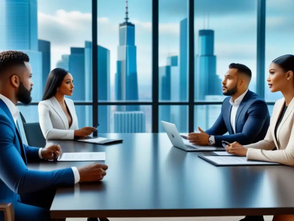 Profesionales negociando contrato de financiamiento inmobiliario en sala futurista Profesionales diversificados negociando mejores condiciones contratos financiamiento inmobiliario en sala de juntas moderna y futurista
