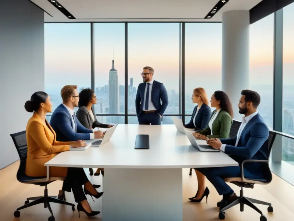 Reunión profesional: diversidad y colaboración en oficina moderna Profesionales diversificados discuten en moderna oficina con vista a la ciudad