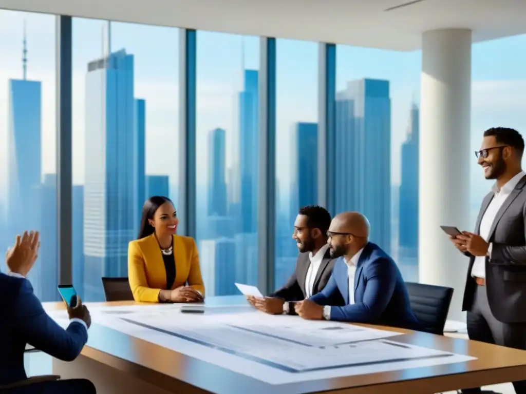 Profesionales colaborando en estrategias de crowdfunding inmobiliario Profesionales diversificados colaboran en moderna oficina, discutiendo estrategias para maximizar ganancias crowdfunding inmobiliario