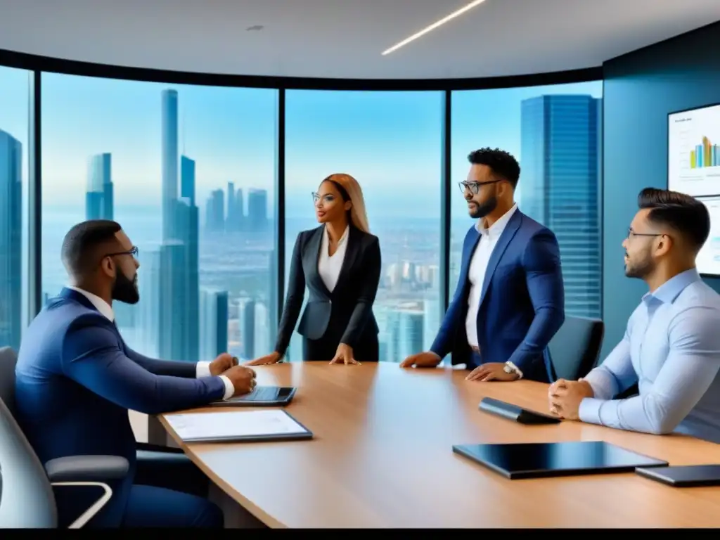 Profesionales diversificados debaten normativa impuestos inmobiliarios para reducir costes en sala de juntas moderna