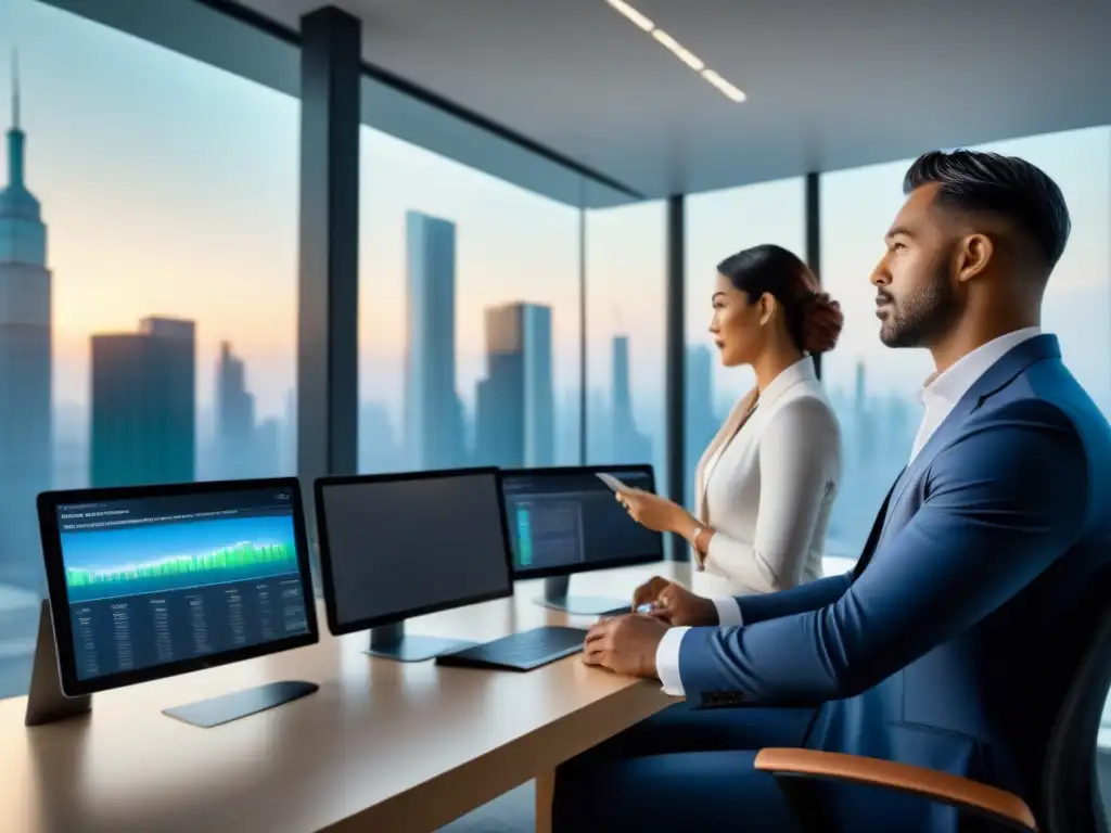 Profesionales innovadores en oficina futurista Profesionales diversificados colaboran en oficina moderna, usando tecnología punta para estrategias de afiliados en seguros propiedad