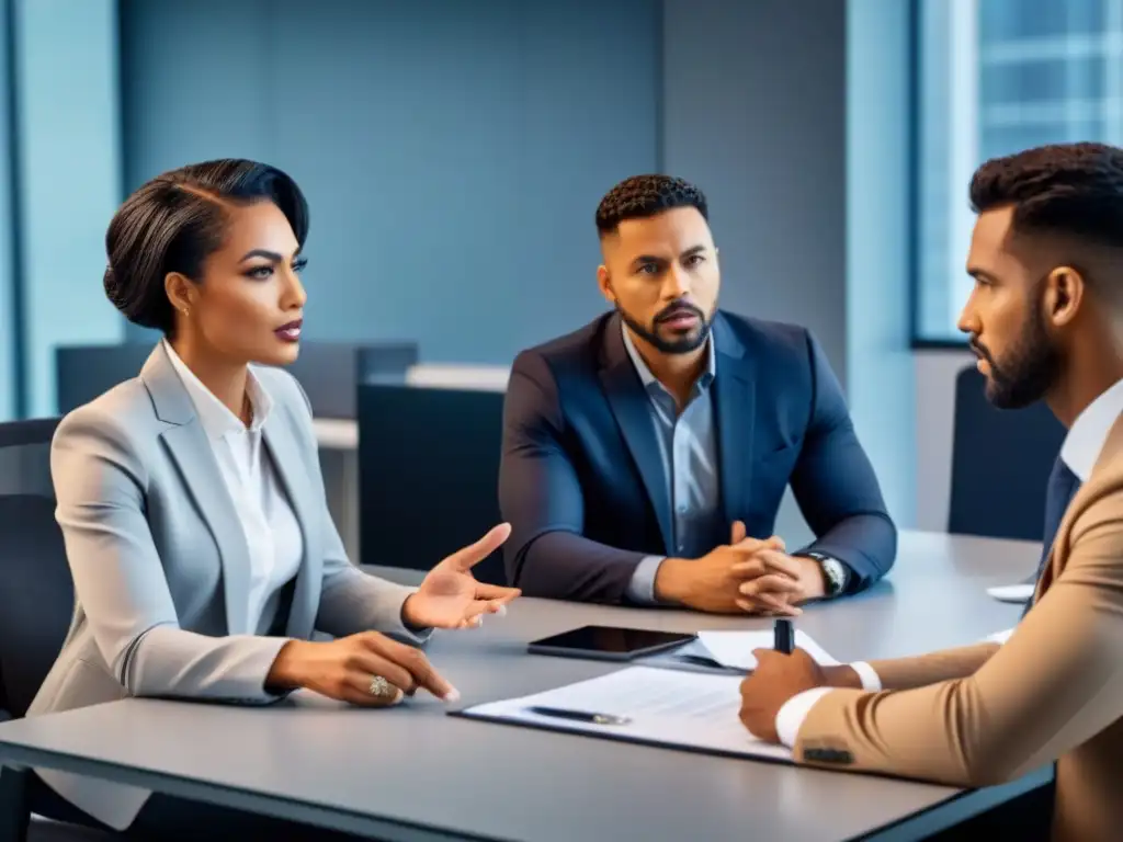 Negociación hipotecaria: Profesionales en reunión de alta tecnología Profesionales diversificados en oficina moderna discuten sobre hipoteca privada
