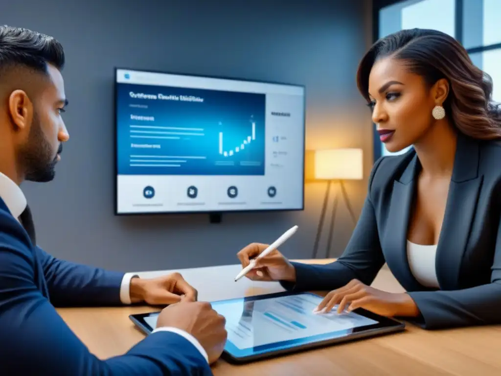 Profesionales diversos debatiendo opciones de financiamiento inmobiliario en oficina moderna Profesionales diversificados en oficina moderna