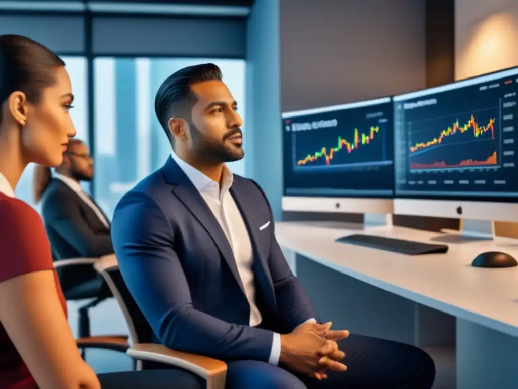 Profesionales de Fintech debaten en oficina moderna Profesionales diversificados en oficina moderna discuten Aplicaciones Fintech para inversiones inmobiliarias