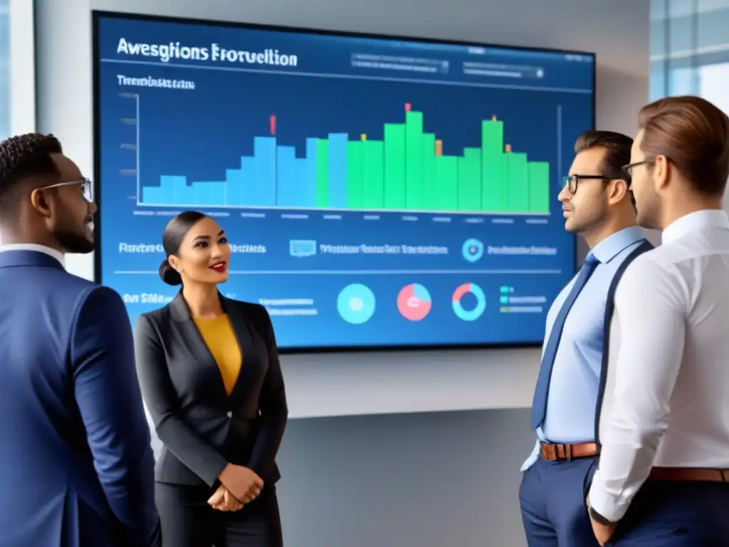 Profesionales diversos en reunión analítica en oficina moderna Profesionales diversificados en oficina moderna, discutiendo datos con gráficos en pantalla