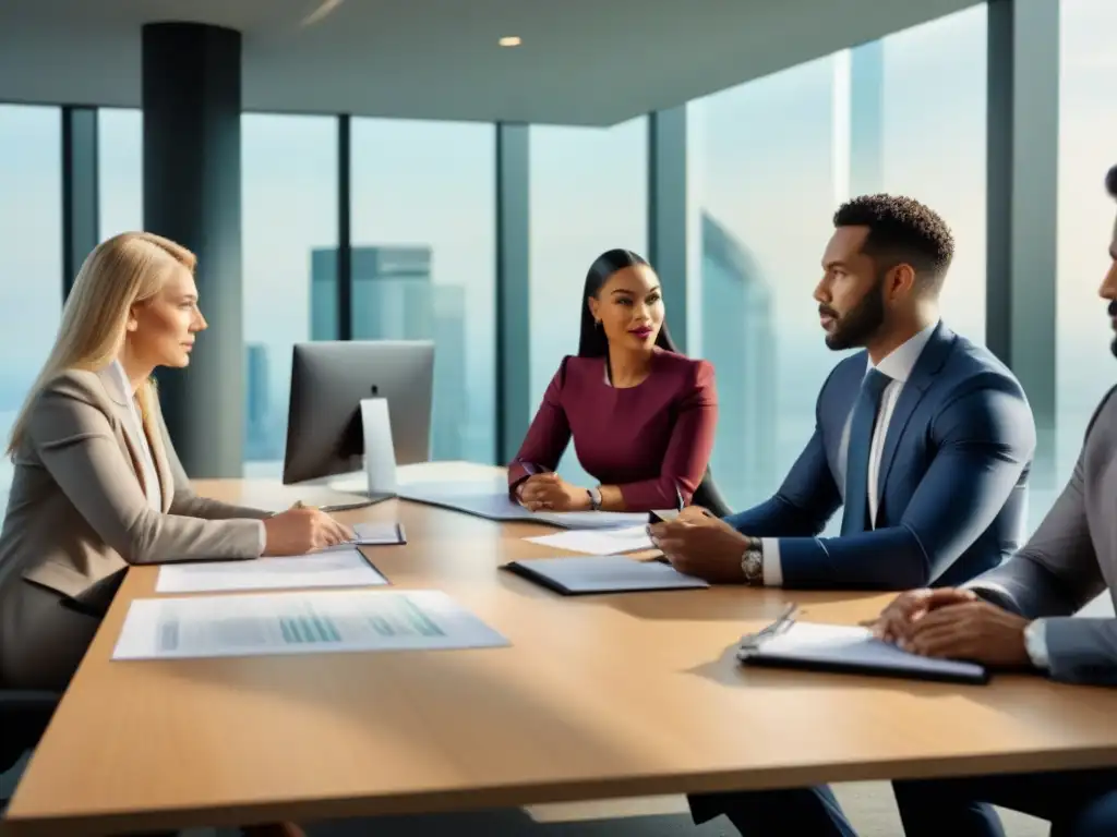Profesionales financieros en reunión colaborativa Profesionales diversificados en una oficina moderna discutiendo sobre documentos financieros
