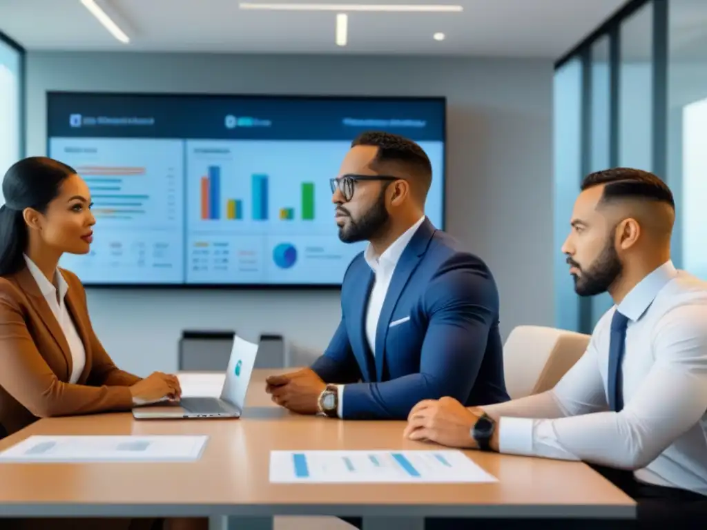 Profesionales diversificados en oficina moderna debaten estrategias financieras para inversiones inmobiliarias Profesionales diversificados en oficina moderna discuten estrategias financieras para inversores inmobiliarios