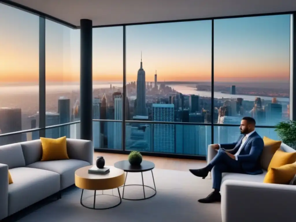 Oficina inmobiliaria moderna con vista a la ciudad Profesionales diversificados en una oficina moderna de agencia inmobiliaria, discutiendo estrategias de inversión en propiedades vacacionales