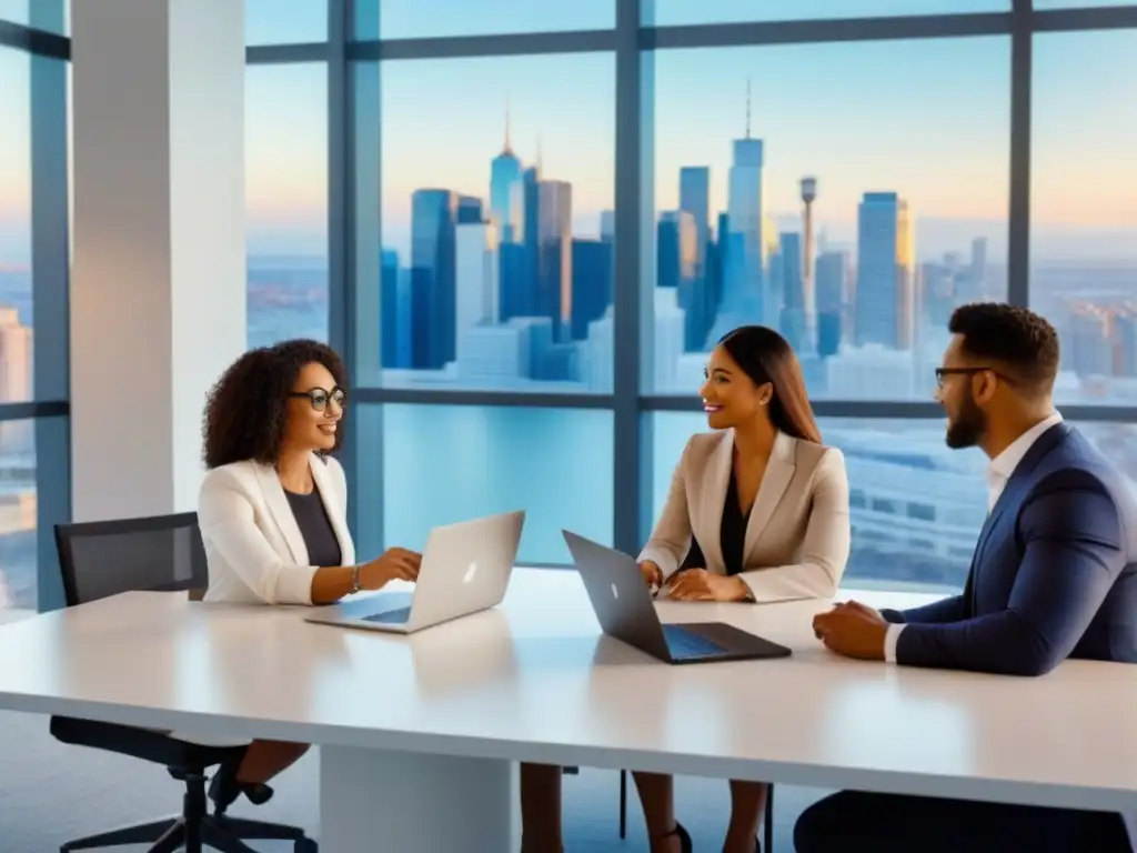Profesionales debaten opciones de financiamiento inmobiliario en oficina moderna con vista a la ciudad Profesionales diversificados discuten opciones de financiamiento inmobiliario en una oficina luminosa con vista a la ciudad