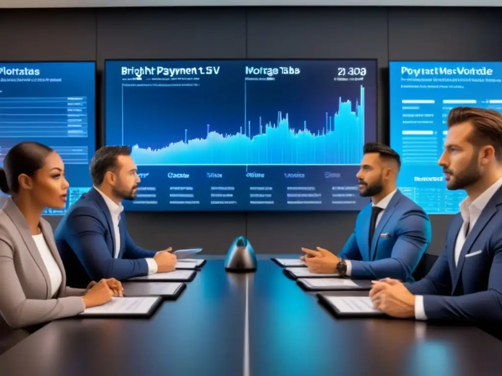 Profesionales discuten opciones de pago de hipoteca en mesa futurista Profesionales diversificados discuten opciones de pago inicial préstamo hipotecario convencional en mesa futurista con pantallas financieras