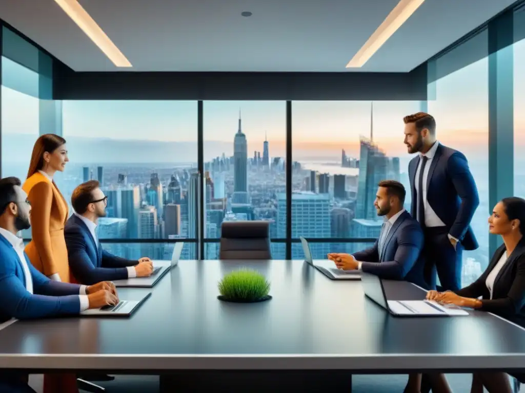Profesionales debaten inversiones inmobiliarias internacionales en oficina moderna Profesionales diversificados debaten sobre oportunidades inversión inmobiliaria extranjero en oficina moderna de alto nivel