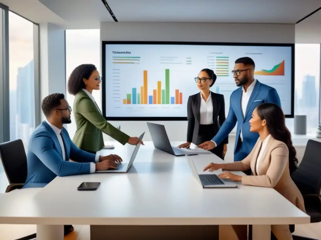 Profesionales diversificados colaboran en estrategias financieras Profesionales diversificados afrontando pagos préstamo hipotecario en oficina moderna
