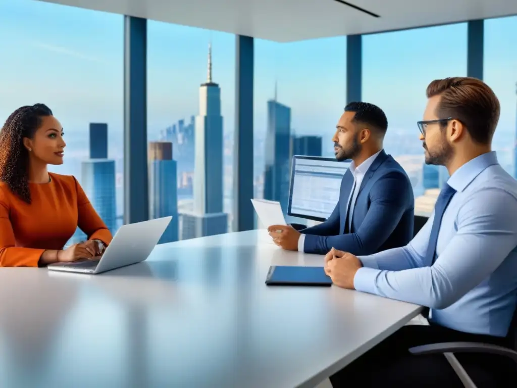 Equipo diverso en oficina moderna: estrategias financieras tras rechazo Profesionales diversificados reconstruyen perfiles tras rechazo crédito inmobiliario