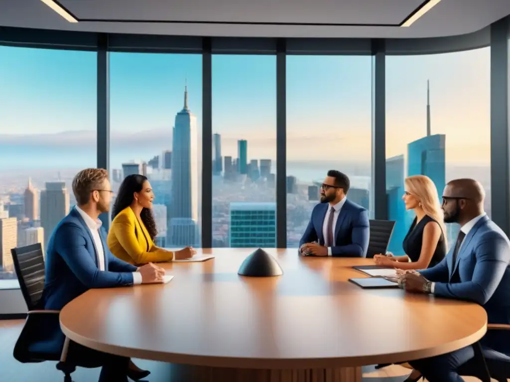 Profesionales diversificados en oficina moderna debatiendo estrategias de financiamiento inmobiliario Profesionales diversificados discuten políticas de financiamiento inmobiliario en oficina moderna